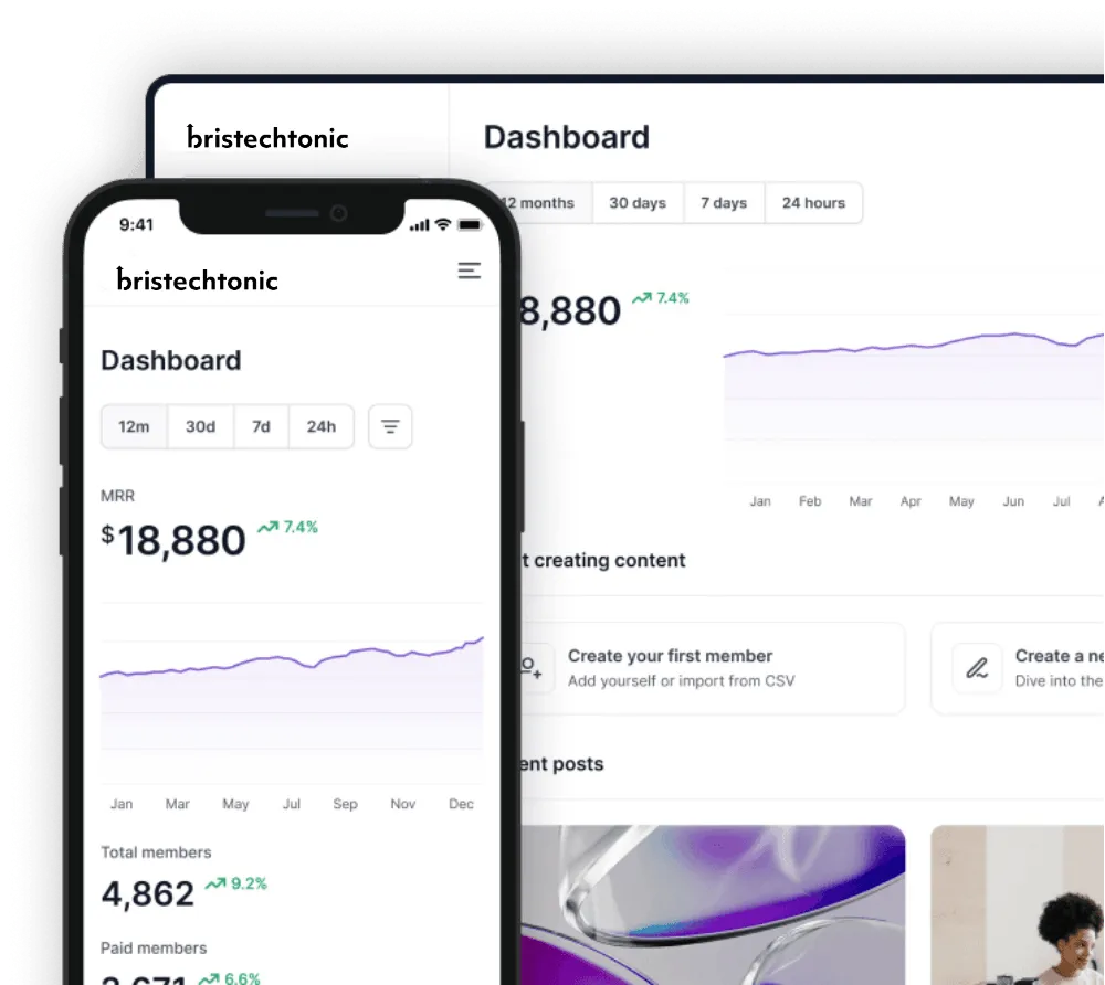 A BrisTechTonic reporting dashboard mock-up on desktop and mobile with revenue and growth charts