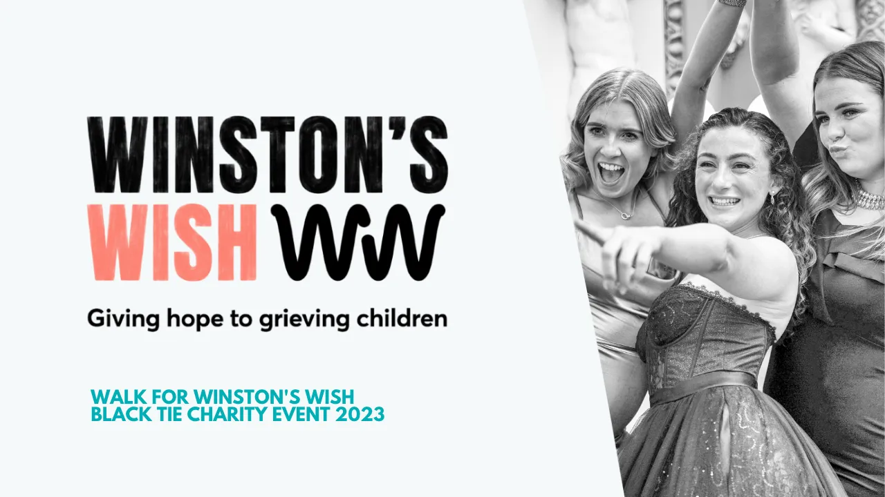 Winston's Wish charity card for a 2023 black tie fundraising event, with guests celebrating