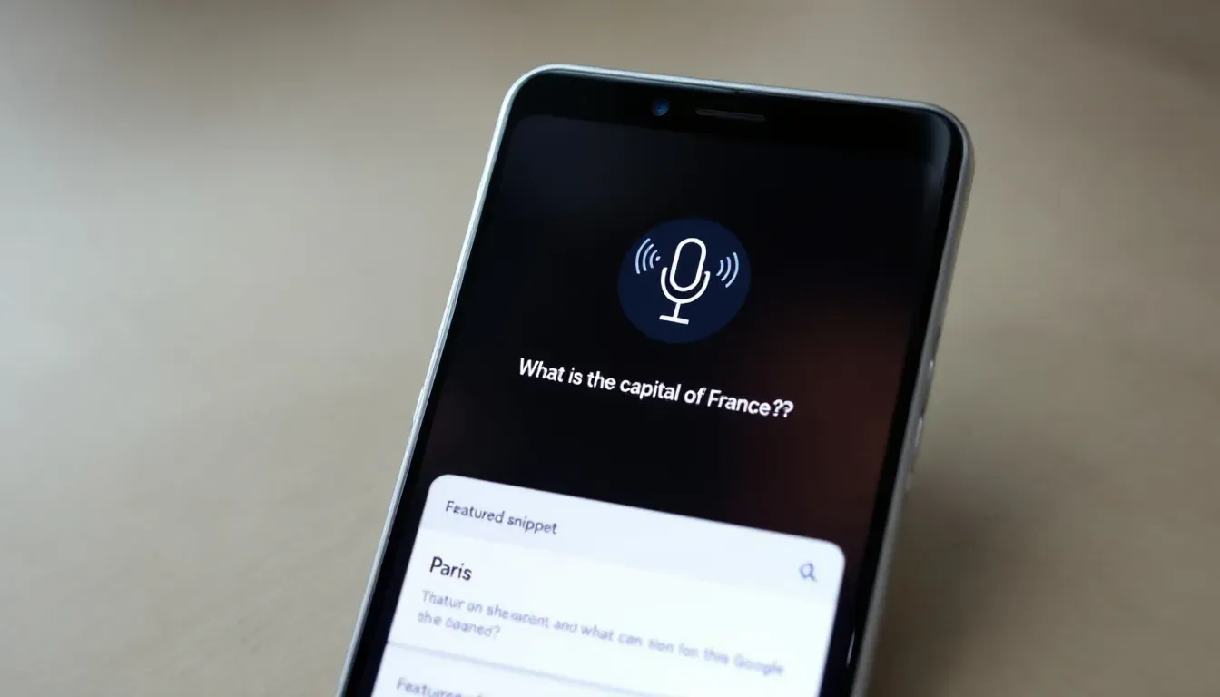 A phone showing a voice search 'What is the capital of France?' answered by Paris in a snippet